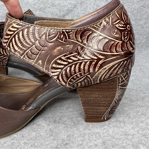 L'artiste Spring Step Toolie Shoes Grey Brown Tooled Leather Mary Jane EU40 US 9 - Picture 7 of 13